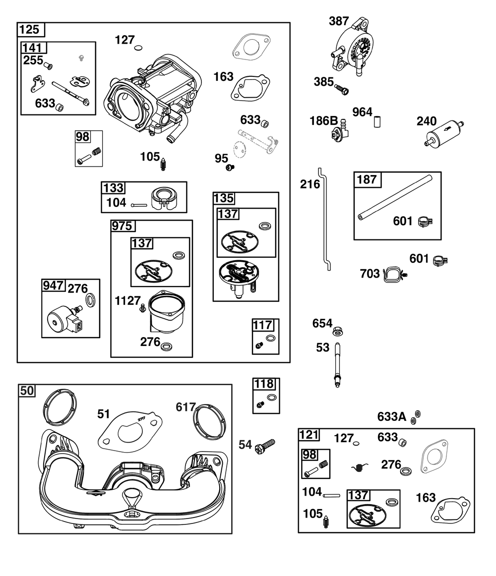 Carburetor And Fuel Supply Group Diagram and Parts List for 44U777-0013-B5 400000 - 699999 Briggs and Stratton Engine